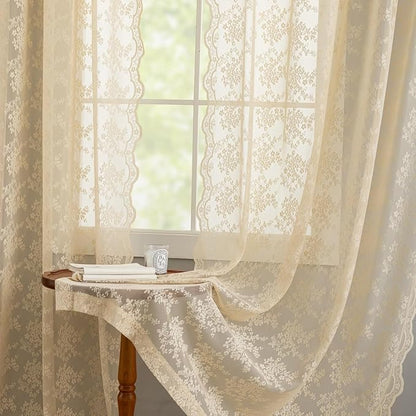 YJ YANJUN Vintage Lace Curtains 90 Inches Long-Victorian Floral Beige Sheer - Image 5