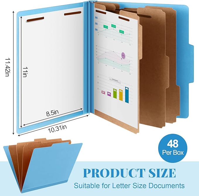 48 Pcs Classification Folders Letter Size, Back to School Supply for Teacher, Student, 3 Dividers Pressboard File Folder Bulk with 2 Fasteners, 3.5 Inch Expanding File Organizer (Blue)