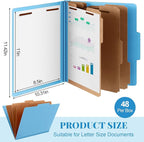 48 Pcs Classification Folders Letter Size, Back to School Supply for Teacher, Student, 3 Dividers Pressboard File Folder Bulk with 2 Fasteners, 3.5 Inch Expanding File Organizer (Blue)