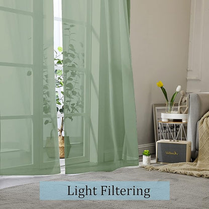 Sheer Curtains 90 Inches Long 2 Panels Set, Sage Green Sheer Curtains Rod - Image 2
