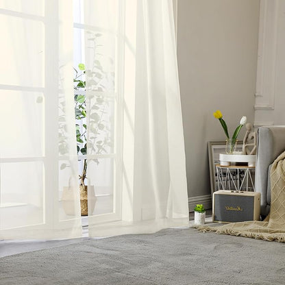 Cream Sheer Curtains 96 Inches Long 2 Panels, Elegant Light Filtering Voile - Image 2