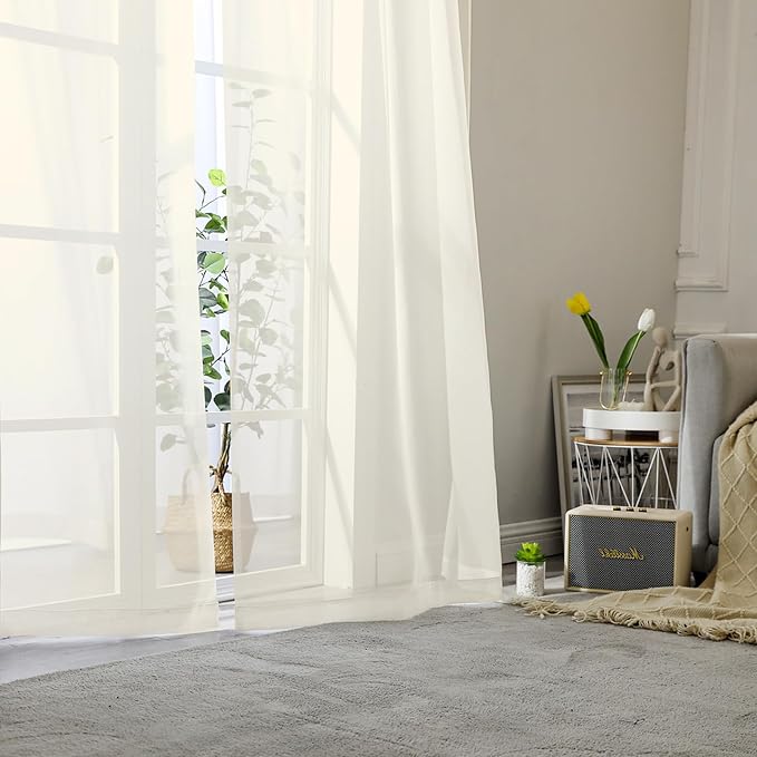 Cream Sheer Curtains 48 Inch Length 2 Pcs, Rod Pocket Light Filtering Voile - Image 8