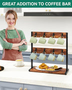 IBUYKE Wood Coffee Mug Holder for Countertop,16 Hook Mug Tree Holder Rack with Storage Base,Mug Display Organizer,Mug Holders for Home Kitchen, Rustic Brown UTBJ001H