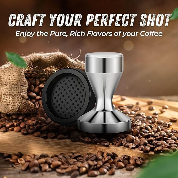 Flexzion Espresso Tamper 51mm Diameter Stainless Steel Coffee Tamper Flat Base Grip Handle Professional Barista Espresso Hand Press Kitchen Accessories, Silver