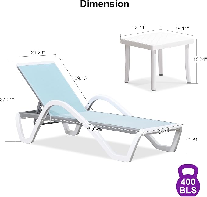 PURPLE LEAF Patio Chaise Lounge Chair Set of 3 Outside Aluminum Plastic - Image 2