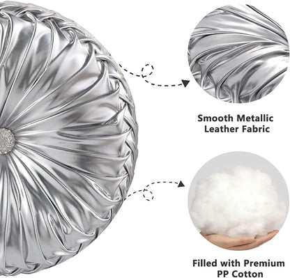 HIG Set of 2 Silver Metallic Leather Decorative Round Pleated Throw Pillows | - Image 3