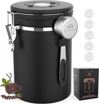 Coffee Canister with Scoop,Date Tracker 304 Stainless Steel Airtight Container One-Way CO2 Valve for Coffee Beans,Tea,Sugar,Kitchen Storage (Black, 22oz)