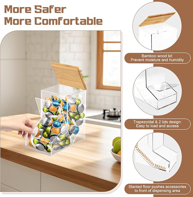 TCJJ Coffee pod organizer with bamboo lid, transparent k cup holder, 170 cubic inches capacity, can be placed on a tabletop or mounted on a wall, compatible with Nestlé coffee pod.