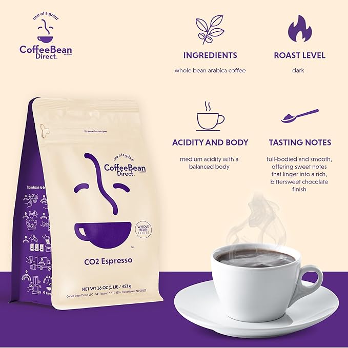 Coffee Bean Direct CO2 Espresso, Whole Bean Coffee, Dark Roast, 1 Pound Bag (Pack of 1)