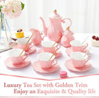DUJUST 22 pcs Porcelain Tea Set for 6, Luxury British Style Tea/Coffee Cup Set with Golden Trim, Beautiful Tea Set for Women, Tea Party Set, Gift Package (With a Stand) - Pink