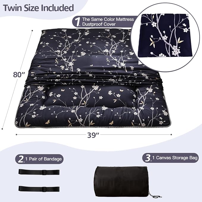 MAXYOYO Navy Floral Printed Japanese Floor Mattress Rustic Style Futon Mattress - Image 2