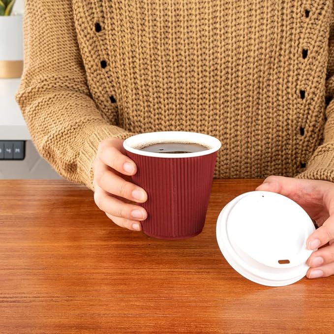 Restaurantware 8 Ounce Double Wall Disposable Coffee Cups, 500 Insulated Crimson Paper Tumblers, Ripple Wall Design, Lids Sold Separately for Hot Drinks like Tea, Hot Chocolate, and More