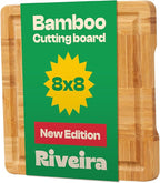 Riveira Bamboo End Grain Wood Cutting Board – Gourmet Bamboo Grandeur: 8 x 8 Wooden Cutting Board – Wooden Cutting Boards For Kitchen Decorative – Innovative Juice Grooves