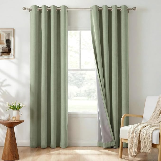 100% Blackout Linen Textured Curtains 96 Inch Long, Sage Green | 100% Blackout by 100BlackoutShield