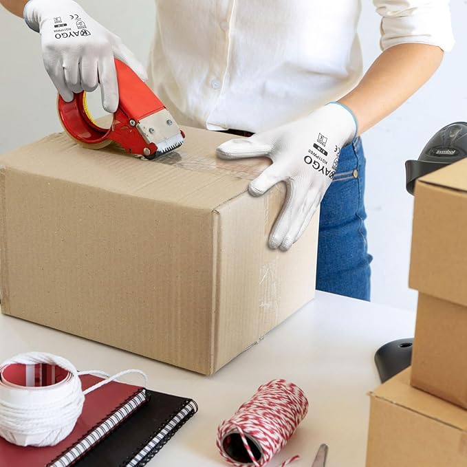 KAYGO Safety Work Gloves PU Coated-12 Pairs, KG11PB, Seamless Knit Glove with Polyurethane Coated Smooth Grip on Palm & Fingers, for Men and Women, Ideal for General Duty Work (Small, White)