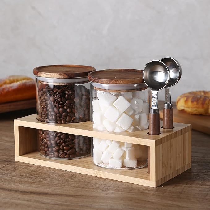 KKC HOME ACCENTS Vacuum Sealed Sugar Coffee Container set with Spoon for Countertop,Glass Sealed Jar Canisters with Wood Lids for Loose Leaf Tea,Sugar,Salt,25 Fluid-oz
