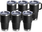 HASLE OUTFITTERS 20oz Tumbler Bulk with Lid, Stainless Steel Tumbler Bulk with Handle, Metal Insulated Travel Coffee Mug Set with Handle, Double Wall Vacuum Leak Proof Tumbler Cup, Black 6 Pack
