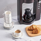 2.5 Ounce Porcelain Espresso Cups with Saucers and Silver Stand, White Stackable Cups Set of 4