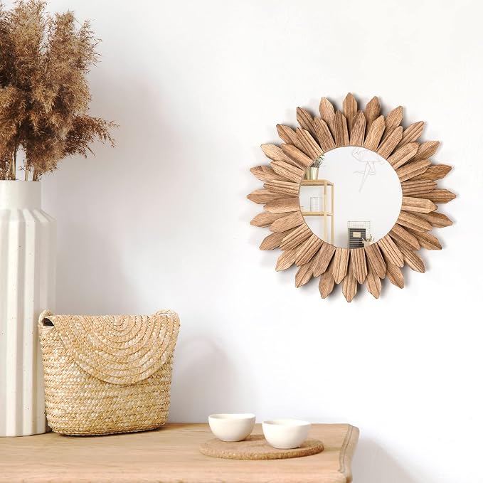 Honiway Wall Mirror Decorative 12 inch Rustic Wood Mirror Sunburst Boho Mirror - Image 7