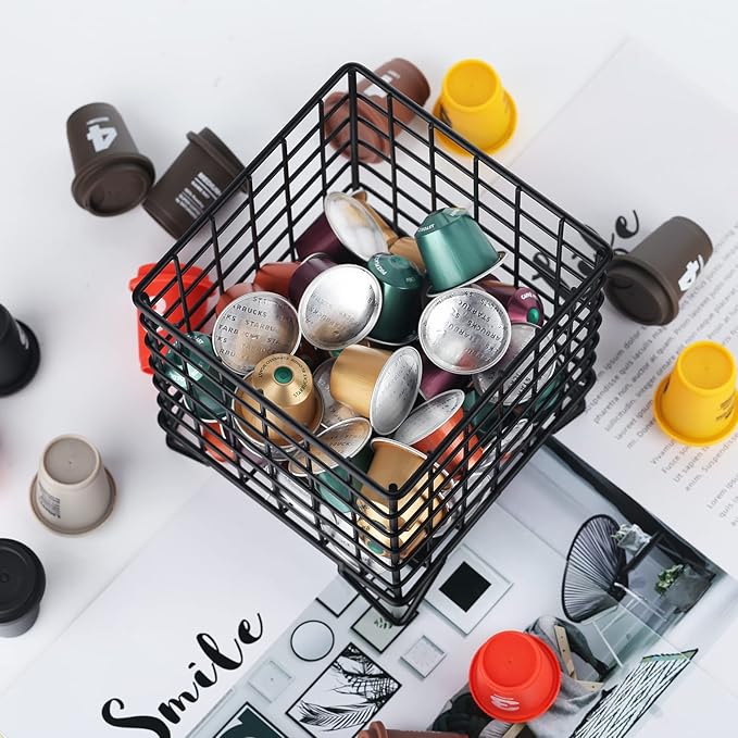 Black Wire Coffee Pod Holder Basket,Large Capacity Metal K Cup Holder Organizer,Storage Basket for Kitchen Countertop Office Coffee Bar Accessories,Creamer and Syrup Organizer