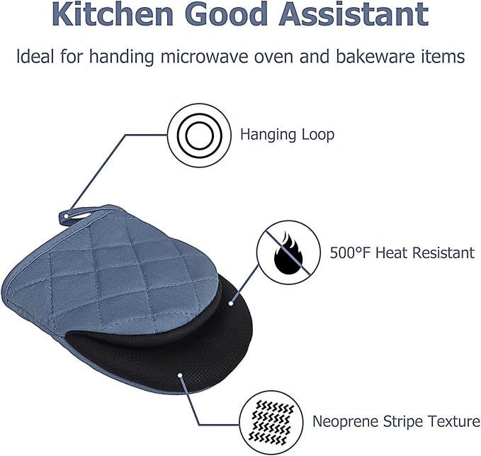 1 Pair Short Oven Mitts, Heat Resistant Silicone Kitchen Mini Oven Mitts for 500 Degrees, Non-Slip Grip Surfaces and Hanging Loop Gloves, Baking Grilling Barbecue Microwave Machine Washable (Sky Blue)