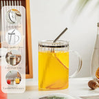 KEMORELA Large Ribbed Glass Tumbler with Handle & Lid, 2‑Pack 1000 ml / 34 oz Glass Cups with Reusable Straw – Thickened Ribbed Glass Mug for Iced Coffee, Juice, Smoothie & Cold Drinks