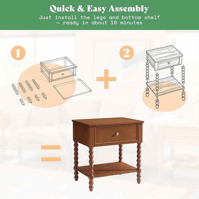 AMERLIFE 24" Wooden Nightstand Set of 2, Vintage Bedside Table - Image 4