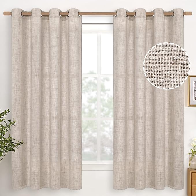 YoungsTex Linen Semi Sheer Curtains 63 Inch Length, Light Filtering Drapes | by YoungsTex