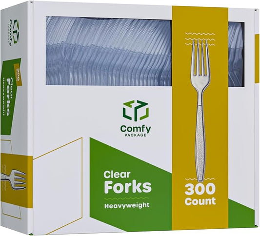 Comfy Package [300 Pack] Heavyweight Clear Plastic Forks with Engraved Design - Disposable Sturdy Plastic Utensils for Parties, Weddings, and Events