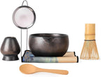 Japanese Matcha Whisk Set - 6-Piece Kit with Bamboo Chasen, Matcha Ceramic Bowl with Spout, Stainless Steel Sifter Gold Black