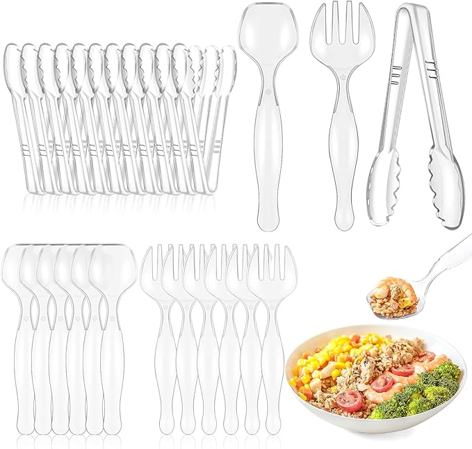 36Pcs Serving Utensils 9'' Large Plastic Serving Utensils Set Serving Spoons for Buffet Clear Disposable Plastic Tongs Heavy Duty Slotted Spoons/Forks Supplies for Party Food Salad Noodles Soup