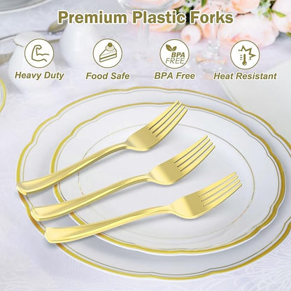 100 Count Heavy Duty Gold Plastic Forks Disposable, BPA-Free, Heat Resistant, Solid and Durable Premium Plastic Disposable Forks for Party Supply