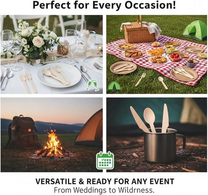 (150 Count) Disposable Wooden Cutlery Set - Alternative to Plastic, Eco Friendly, Biodegradable, Compostable Cutlery Set - 50 Wood Spoons, 50 Wooden Knives & 50 Wooden Forks Disposable Utensils Set