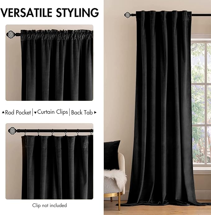 MIULEE Black Velvet Curtains 52x90 inches 2 Panels Luxury Blackout Curtains | - Image 2