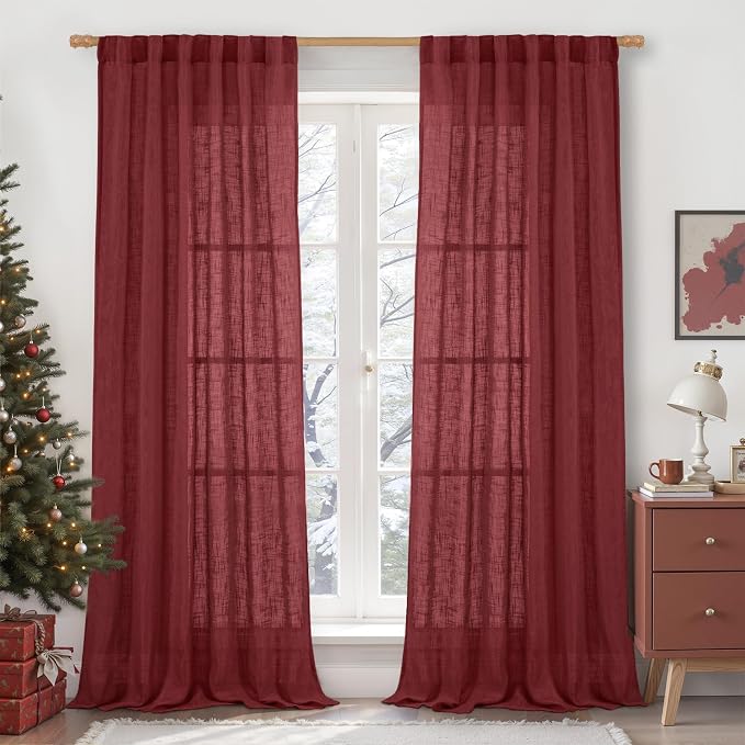 Burgundy Red Semi Sheer Linen Curtains 84 inch Light Filtering Panels | Light by LAMIT