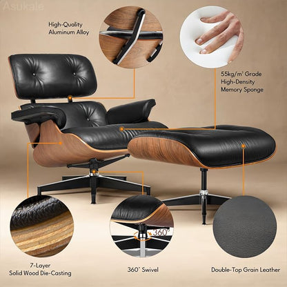 Top Black Grain Leather, Mid Century Chaise Lounge Chair and Ottoman, Leather - Image 6