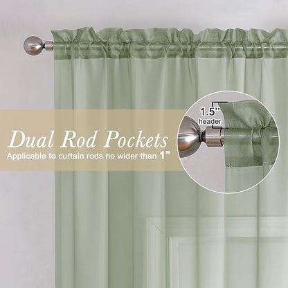 Sage Green Short Sheer Curtains 14 Inch Length 2 PCS, Cafe Kithen Curtains - Image 2