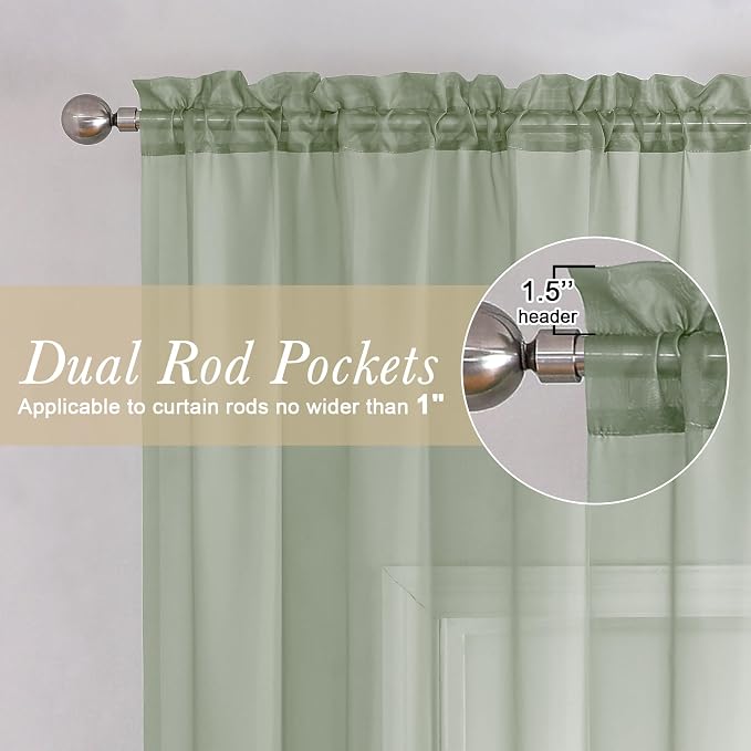 Sage Green Sheer Curtains 72 Inches Long 2 Panels Set, Rustic Voile Window - Image 2