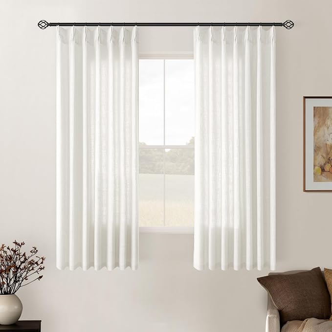 Beige White Pinch Pleated Linen Semi Sheer Curtains 54 Inch Length 2 Panels | by Twodrapes