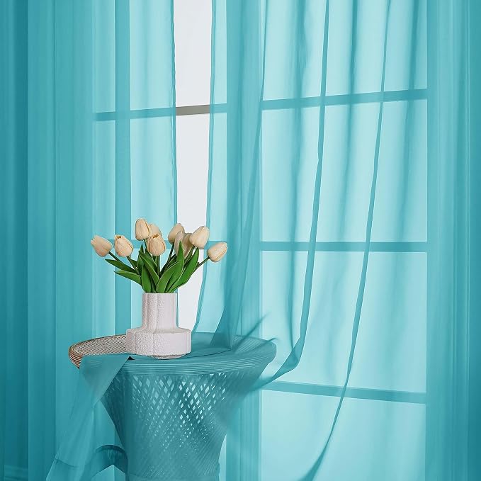 Sheer Turquoise Curtains, Sheer Curtains 63 inch Length 2 Panels Set, Rod - Image 6