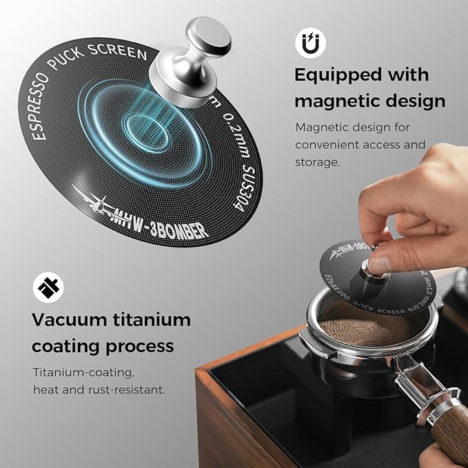 MHW-3BOMBER 58mm Espresso Puck Screen - 0.2mm Ultra Thin Espresso Puck - Metal Reusable Coffee Filter for Portafilter Basket 58mm - Puck Screen with Titanium Coating FG5642-OS