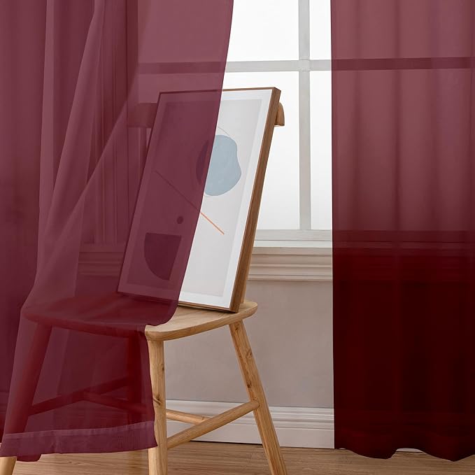 Simplebrand Red Sheer Curtains 96 Inches Long, Light Filtering Rod Pocket Solid - Image 2