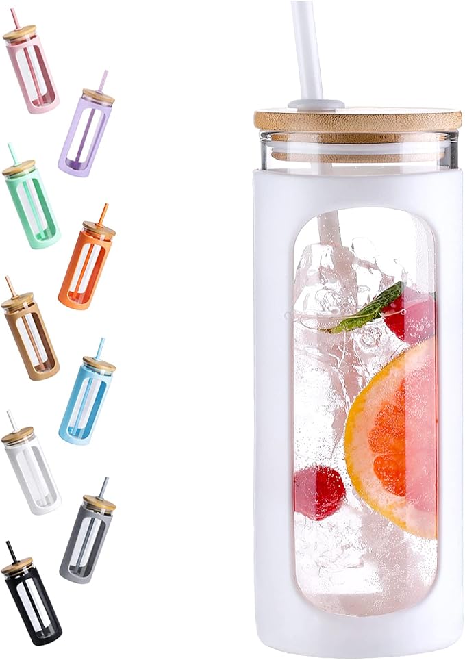 Kodrine 20oz Glass Water Tumbler with Straw and Lid, Bamboo Lids Water Bottle, Iced Coffee Cup Reusable, Wide Mouth Smoothie Cups with Protective Silicone Sleeve BPA FREE-White