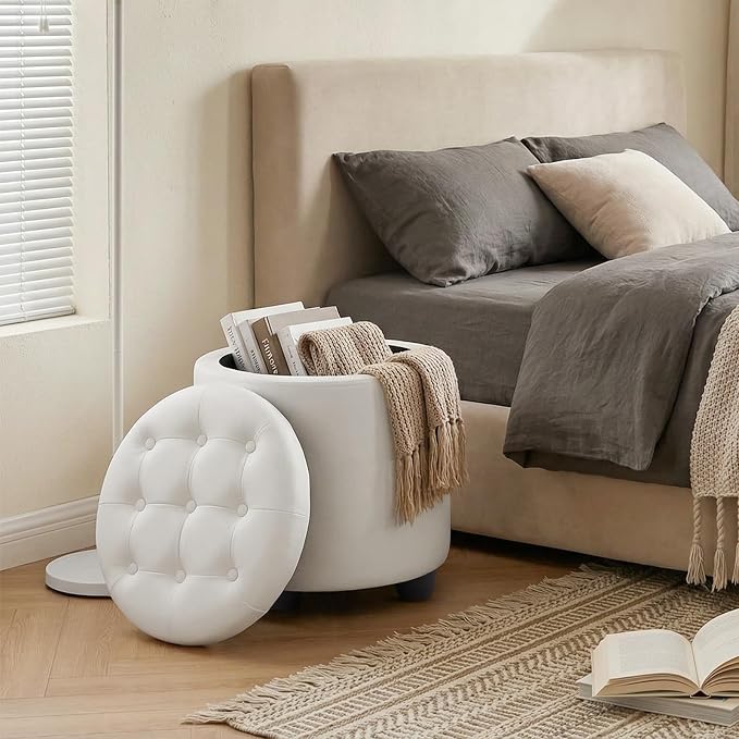 Furniliving Upholstered Button Tufted Round Ottoman, PU Storage Ottoman Round - Image 10