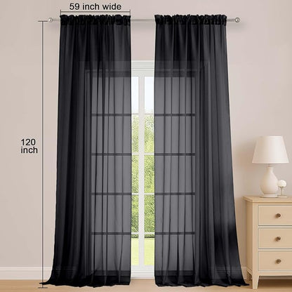Black Sheer Curtains 120 Inches Long 2 Panels Set, Airy Lightweight Sheer Black - Image 2