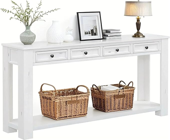 LKTART White Console Table, Solid Wood Sofa Table by LKTART