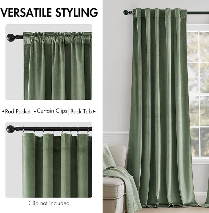 MIULEE Sage Green Velvet Curtains 52x90 inches Luxury Blackout Curtains | - Image 2
