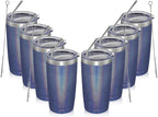 MEWAY 20oz Tumbler 8 Pack Double Wall Vacuum Insulated Travel Glitter Mug Bulk, Stainless Steel Tumblers with Lid and Straw, Powder Coated Coffee Cups for Woman(Rainbow Navy,Set of 8)