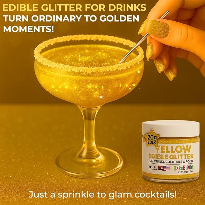 Bulk 20g Yellow Edible Glitter for Drinks | Premium Edible Glitter for Cakes, Cocktails, Yellow Cake Decorating Decorations Food Grade, Vegan, Kosher, Halal, Gluten Free - Made in USA