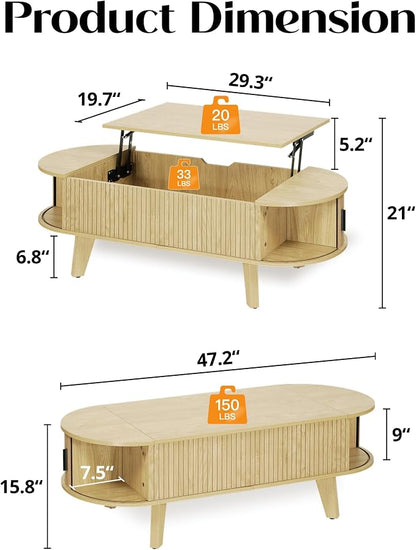 Oval Coffee Table with Storage, 47.2" Lift Top Coffee Table - Image 2